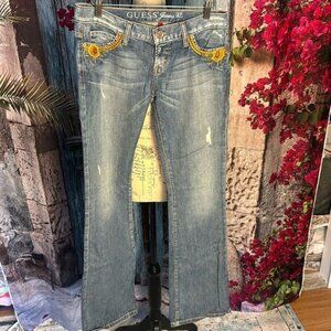 Guess Jeans Foxy Flare Leg embroidered distressed jeans, size 27, excellent